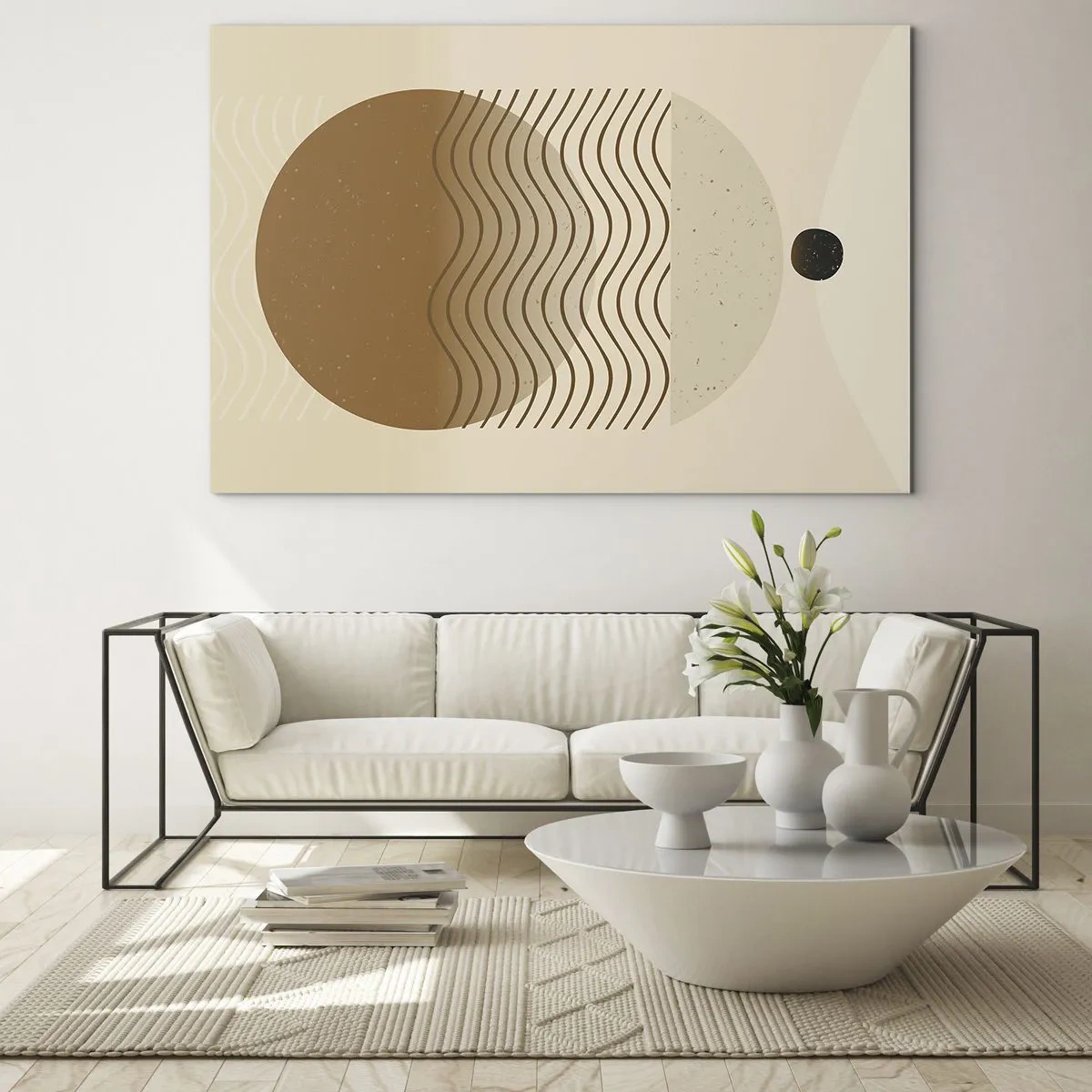 Glasbild - Bild auf glas - Geometrische Komposition mit Wellen und Kreisen in Beigetönen - 70x50cm - Zur Entstehung geometrischer Figuren - Moderne Wanddekoration für Wohnzimmer und Schlafzimmer ARTTOR