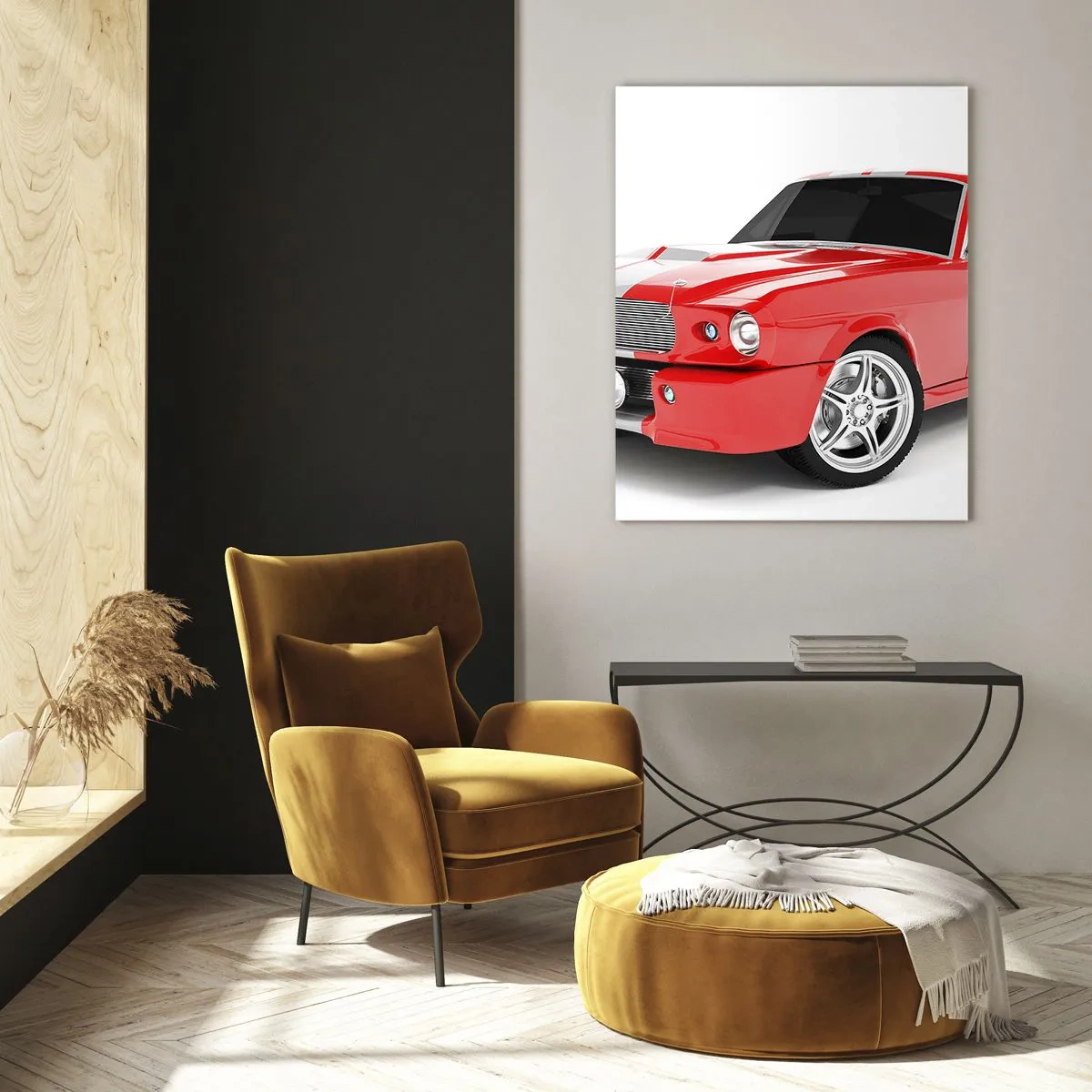 Glasbild - Bild auf glas - Roter klassischer Mustang-Sportwagen - 50x70cm - Ein Mustang so schnell wie der Wind - Moderne Wanddekoration für Wohnzimmer und Schlafzimmer ARTTOR