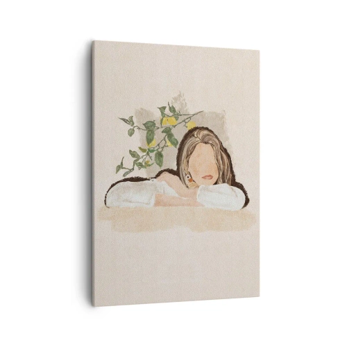 Bild auf Leinwand - Leinwandbild - Die Figur einer Frau vor dem Hintergrund eines Zitronenbaums - 50x70cm - Südländische Schönheit - Moderne Wanddekoration für Wohnzimmer und Schlafzimmer ARTTOR