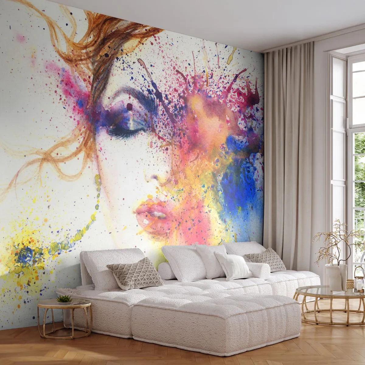 Selbstklebende Fototapete Deluxe Sticker - Regenbogenschwindel - Abstraktion, Das Gesicht einer Frau, Porträt einer Frau - 350x256 cm