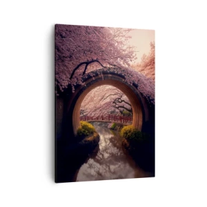 Bild auf Leinwand - Leinwandbild - Eine traditionelle japanische Brücke, umgeben von Kirschblüten - 50x70cm - Japanischer Frühling - Moderne Wanddekoration für Wohnzimmer und Schlafzimmer ARTTOR