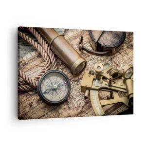 Bild auf Leinwand - Leinwandbild - Ein Kompass, ein Sextant und ein Teleskop vor dem Hintergrund einer alten Karte und eines Seeseils. - 70x50cm - Setze Sie einen Kurs - Moderne Wanddekoration für Wohnzimmer und Schlafzimmer ARTTOR