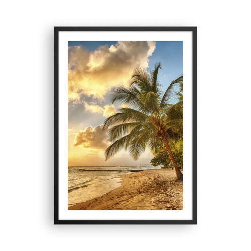 Poster in einem schwarzem Rahmen - Strand mit Palmen und goldenem Sonnenuntergang - 50x70cm - Ewiger Sommer, immer Urlaub - Moderne Wanddekoration für Wohnzimmer und Schlafzimmer ARTTOR