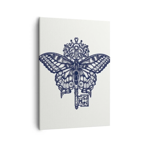 Bild auf Leinwand - Leinwandbild - Stilvolle Schmetterlings- und Schlüsselgrafik im minimalistischen Stil - 50x70cm - Alle Geheimnisse des Herzens - Moderne Wanddekoration für Wohnzimmer und Schlafzimmer ARTTOR