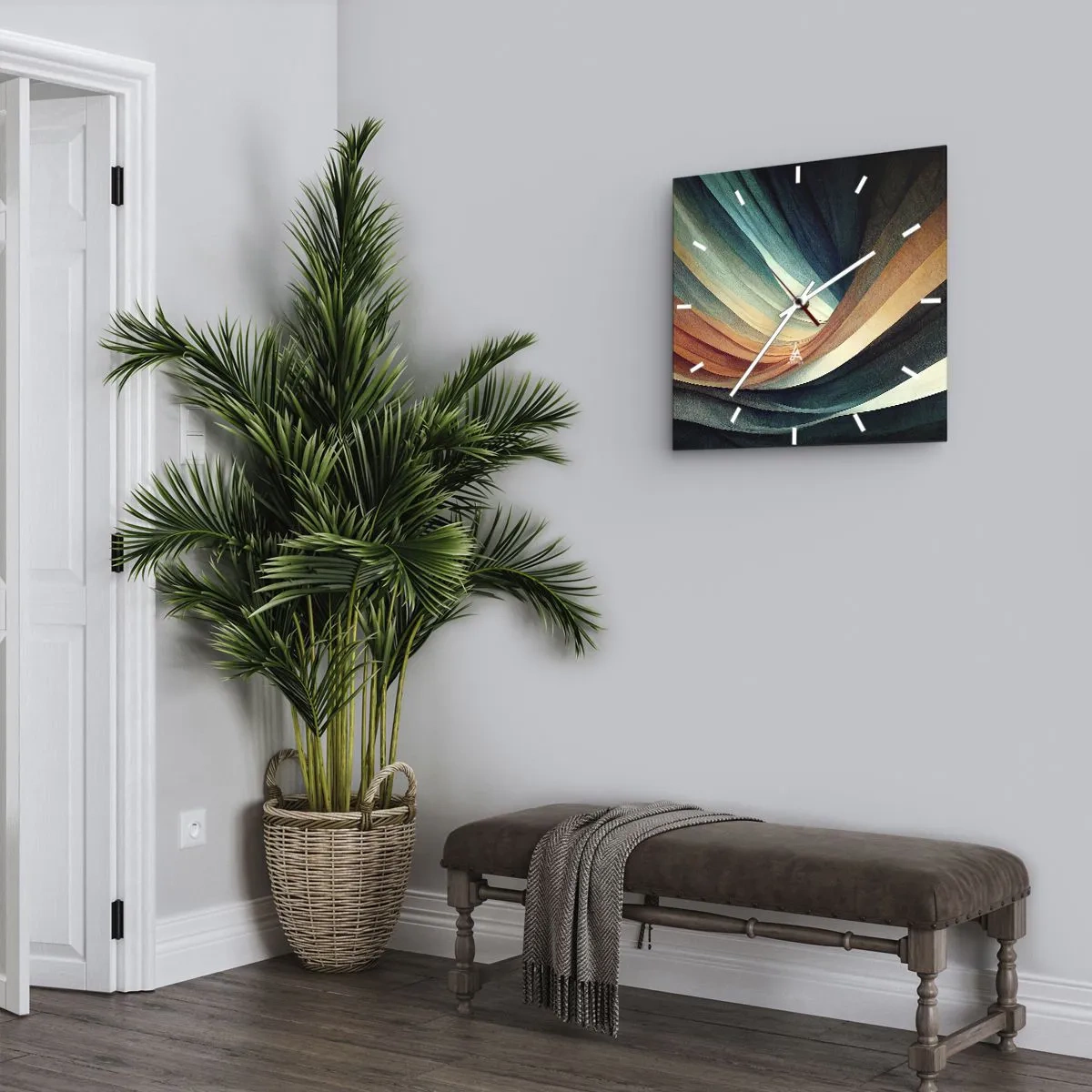 Wanduhr - Glasuhr - Abstrakte Wellen in warmen und kühlen Farbtönen - 30x30cm - Aus Farben gewebt - Moderne Wanddekoration für Wohnzimmer und Schlafzimmer ARTTOR