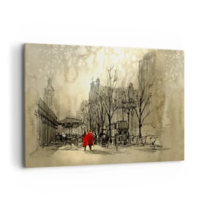 Bild auf Leinwand - Leinwandbild - Eine rote Figur in einer nostalgischen urbanen Umgebung - 120x80cm - Ein Date im Londoner Nebel - Moderne Wanddekoration für Wohnzimmer und Schlafzimmer ARTTOR