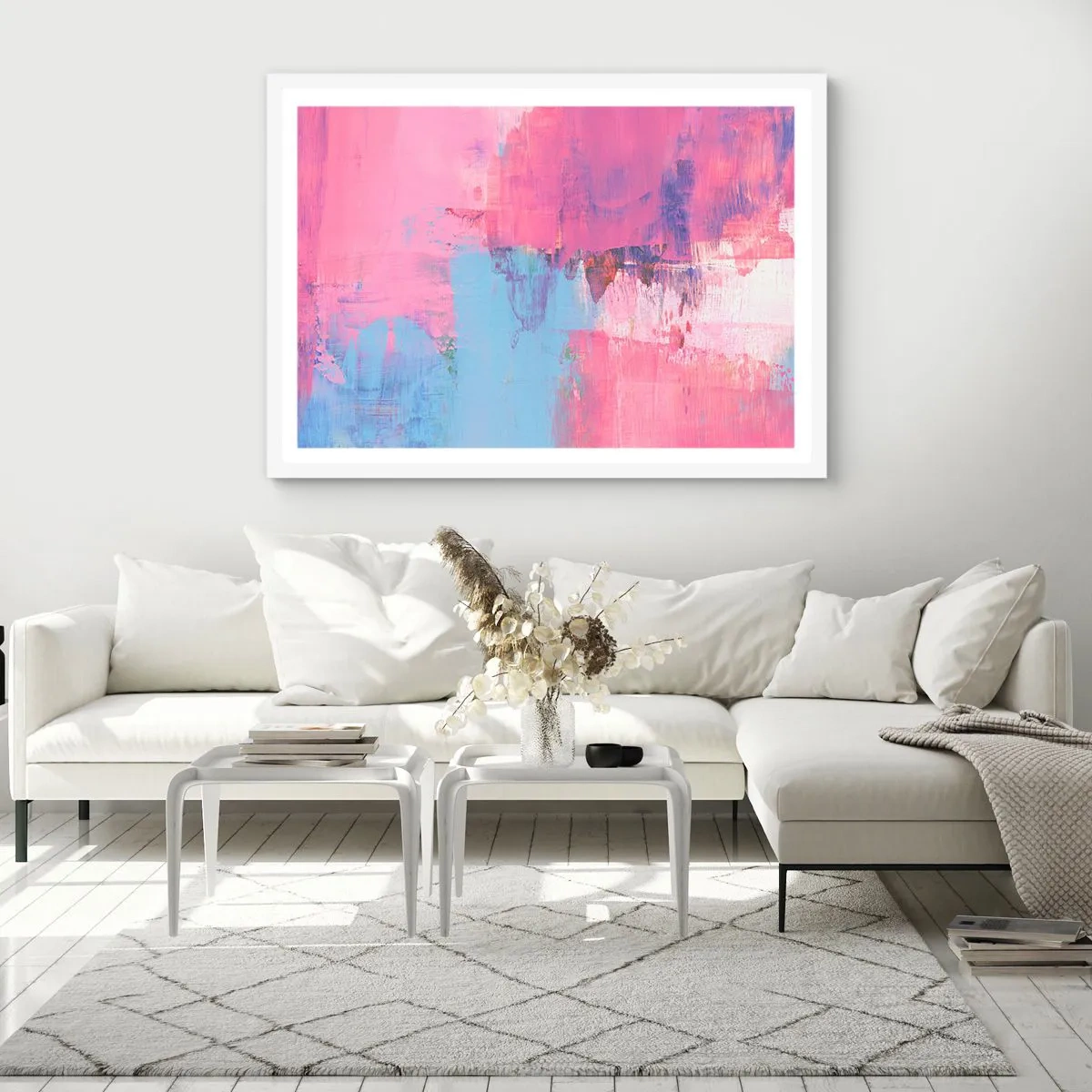 Poster in einem weißen Rahmen - Rosa, Blau und eine Prise Licht - 91x61 cm
