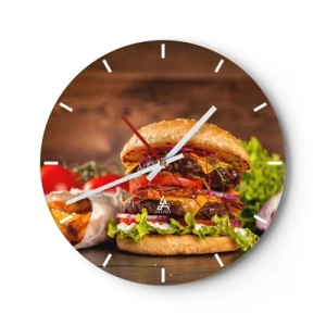Wanduhr - Glasuhr - Saftiger Burger mit Belag auf Holzhintergrund - 30x30cm - Die verbotene Frucht - Moderne Wanddekoration für Wohnzimmer, Küche und Schlafzimmer ARTTOR