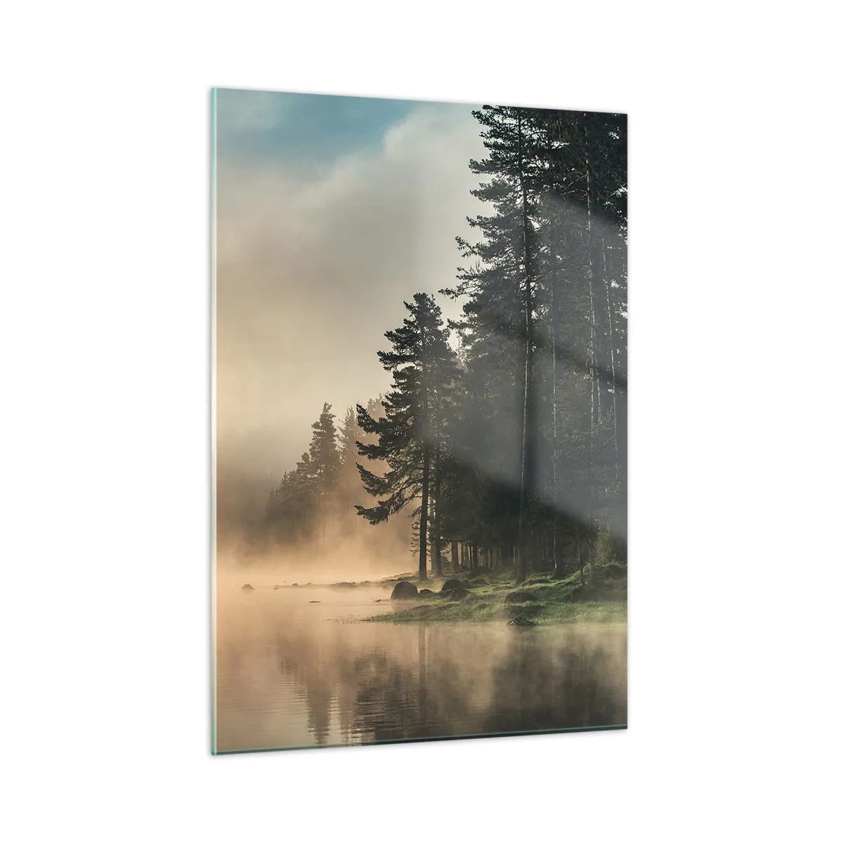Glasbild - Bild auf glas - Ein nebliger Morgen über einem Waldsee - 50x70cm - Die Geburt des Tages - Moderne Wanddekoration für Wohnzimmer und Schlafzimmer ARTTOR
