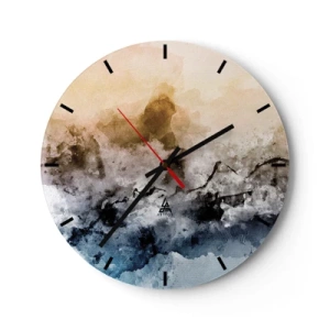 Wanduhr - Glasuhr - Eine abstrakte Landschaft in Nebel-, Braun- und Blautönen. - 30x30cm - In einer Nebelwolke ertrunken - Moderne Wanddekoration für Wohnzimmer, Küche und Schlafzimmer ARTTOR