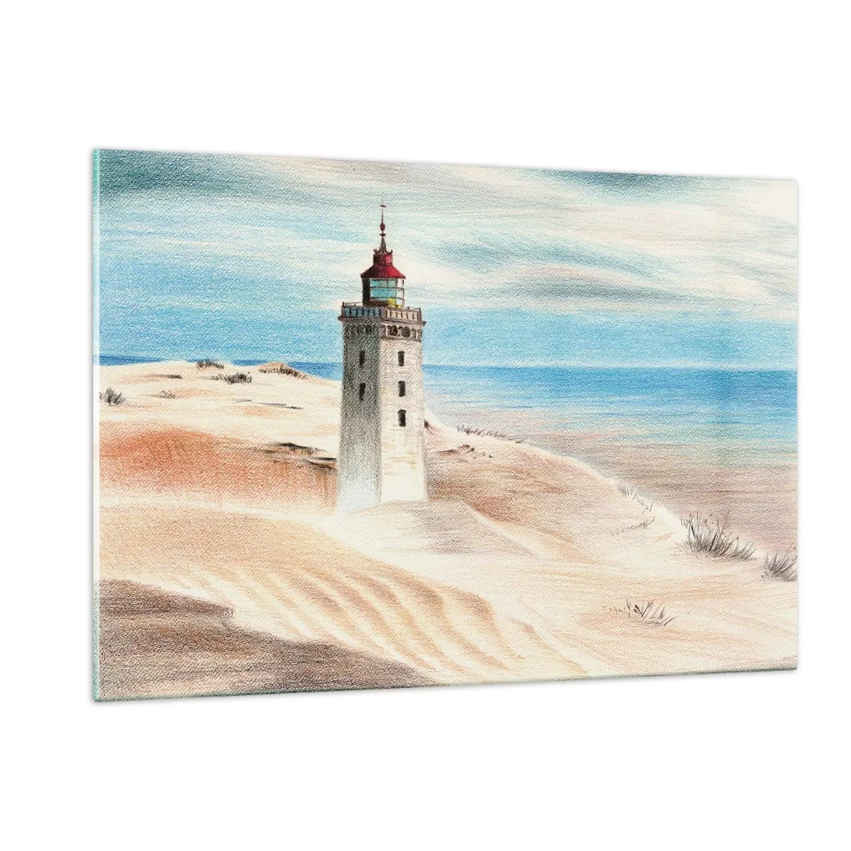 Glasbild - Bild auf glas - Ein Leuchtturm auf einer Wüstendüne an einem ruhigen Meer - 120x80cm - Immer aufs Meer starrend - Moderne Wanddekoration für Wohnzimmer und Schlafzimmer ARTTOR