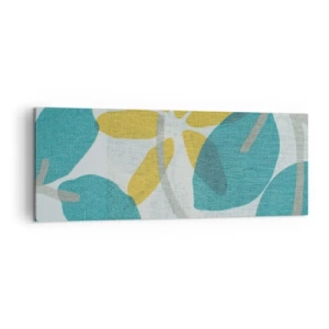 Bild auf Leinwand - Leinwandbild - Blätter in Türkis- und Gelbtönen auf hellem Hintergrund - 140x50cm - Unter den azurblauen Blättern - Moderne Wanddekoration für Wohnzimmer und Schlafzimmer ARTTOR