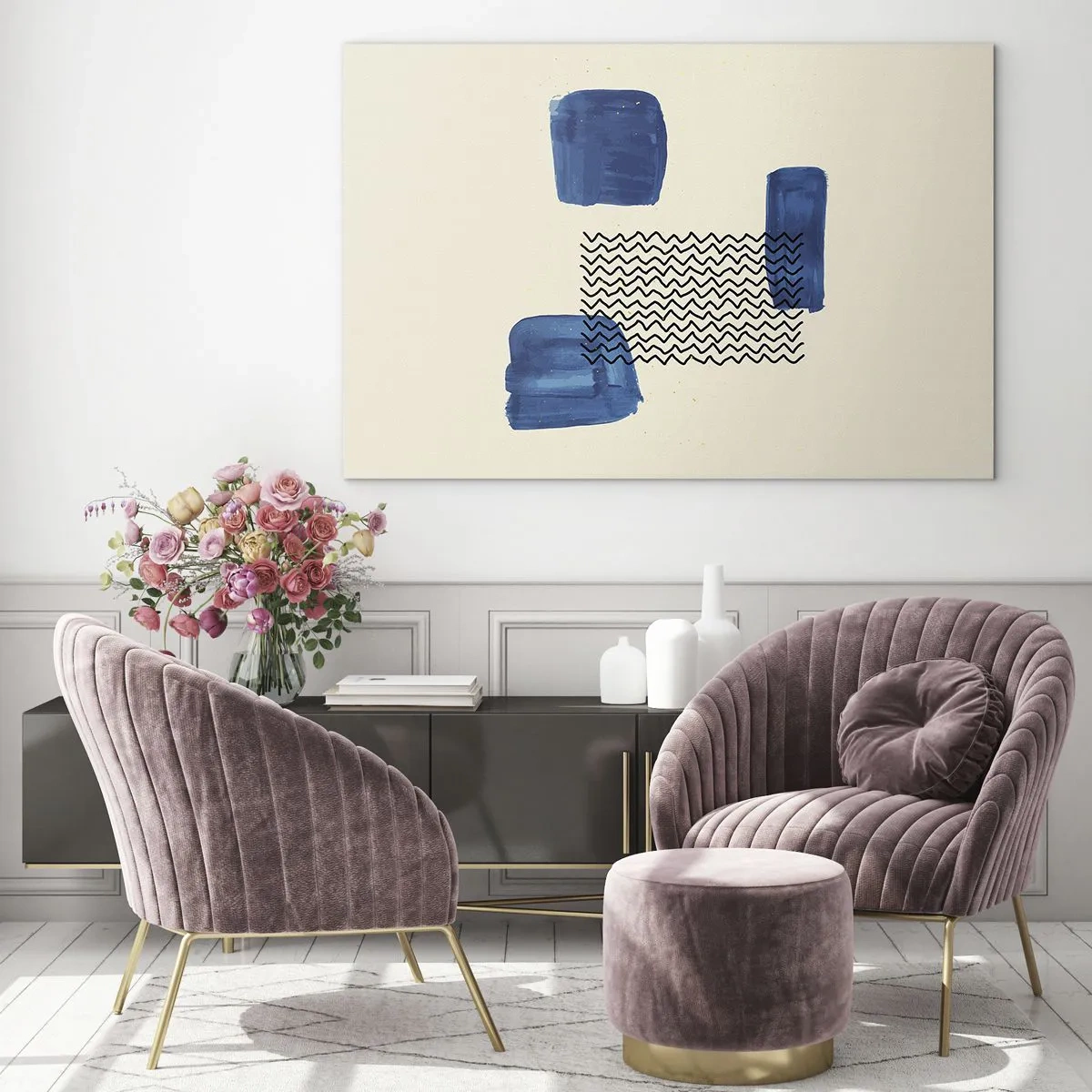 Glasbild - Bild auf glas - Moderne Abstraktion mit blauen Akzenten - 70x50cm - Ein abstraktes Quartett - Moderne Wanddekoration für Wohnzimmer und Schlafzimmer ARTTOR