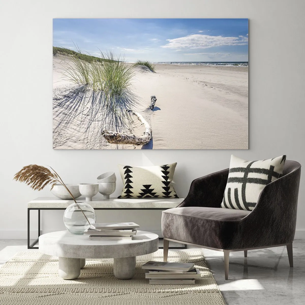 Glasbild - Bild auf glas - Ein sonniger Strand mit Dünen und Seegras - 70x50cm - Der schönste Strand? Ostsee-Strand - Moderne Wanddekoration für Wohnzimmer und Schlafzimmer ARTTOR