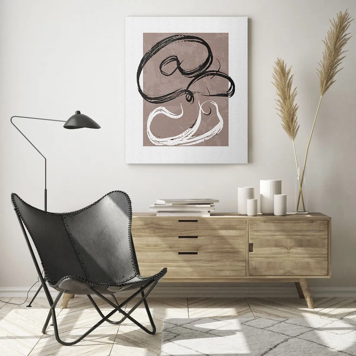 Glasbild - Bild auf glas - Dynamische Pinselstriche in Schwarz und Weiß auf beigem Hintergrund. - 50x70cm - Komposition – die Suche nach Fülle - Moderne Wanddekoration für Wohnzimmer und Schlafzimmer ARTTOR
