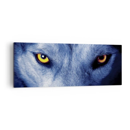 Bild auf Leinwand - Leinwandbild - Nahaufnahme des intensiven Blicks eines Wolfes vor dunklem Hintergrund - 140x50cm - Faszinierender Blick - Moderne Wanddekoration für Wohnzimmer und Schlafzimmer ARTTOR