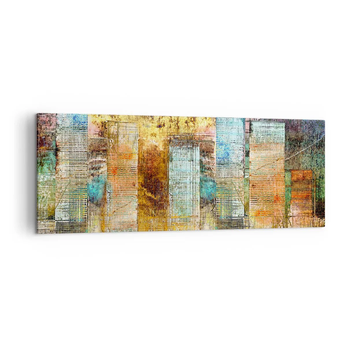 Bild auf Leinwand - Leinwandbild - Abstrakte Wolkenkratzer im Industriestil - 140x50cm - Sonnige Metropole - Moderne Wanddekoration für Wohnzimmer und Schlafzimmer ARTTOR
