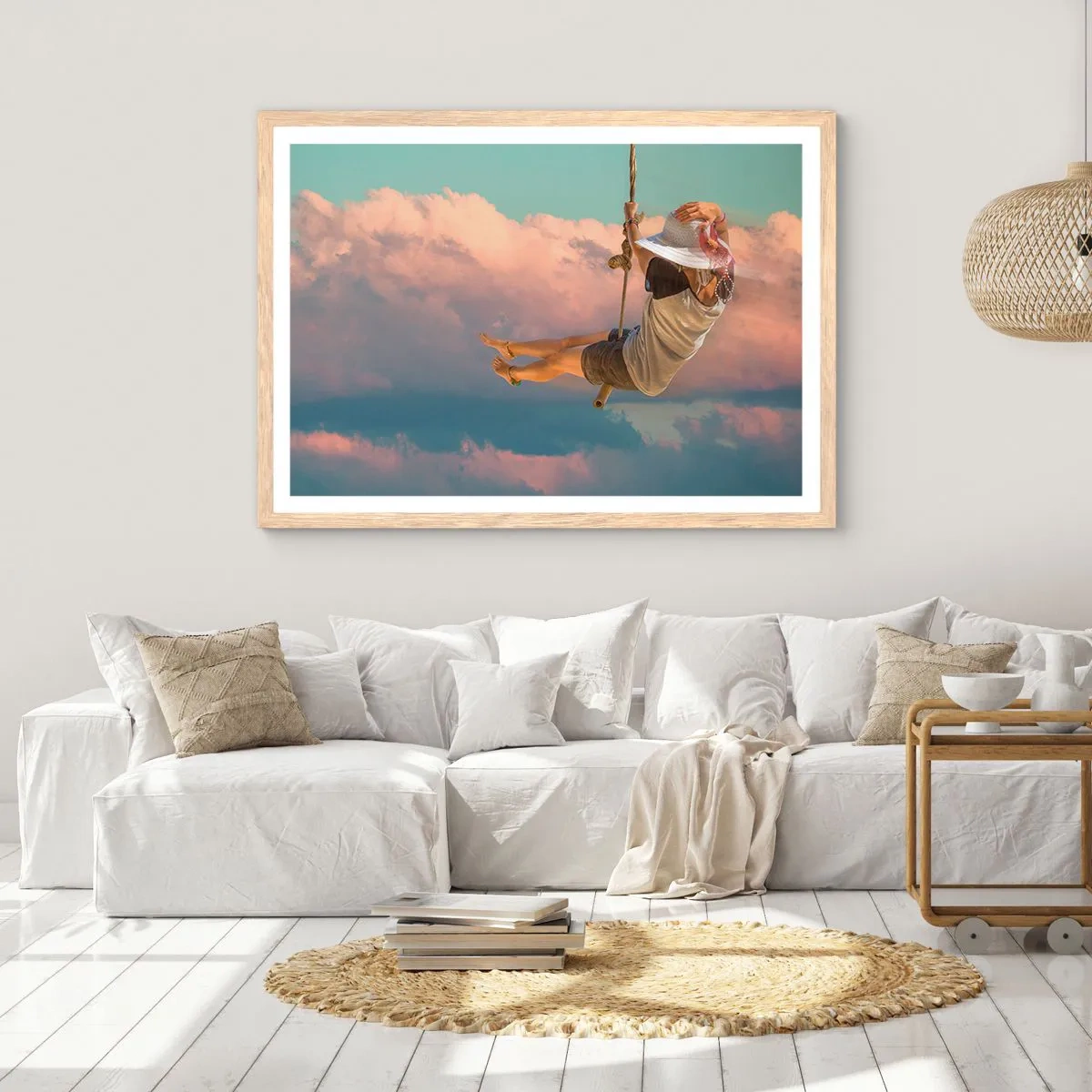 Poster in einem Rahmen aus heller Eiche - Spaß in den Wolken - 100x70 cm
