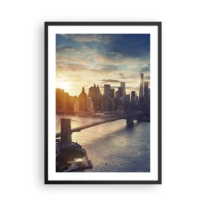 Poster in einem schwarzem Rahmen - Blick auf Manhattan bei Sonnenuntergang mit der Brooklyn Bridge - 50x70cm - Westliches Kulturdenkmal - Moderne Wanddekoration für Wohnzimmer und Schlafzimmer ARTTOR