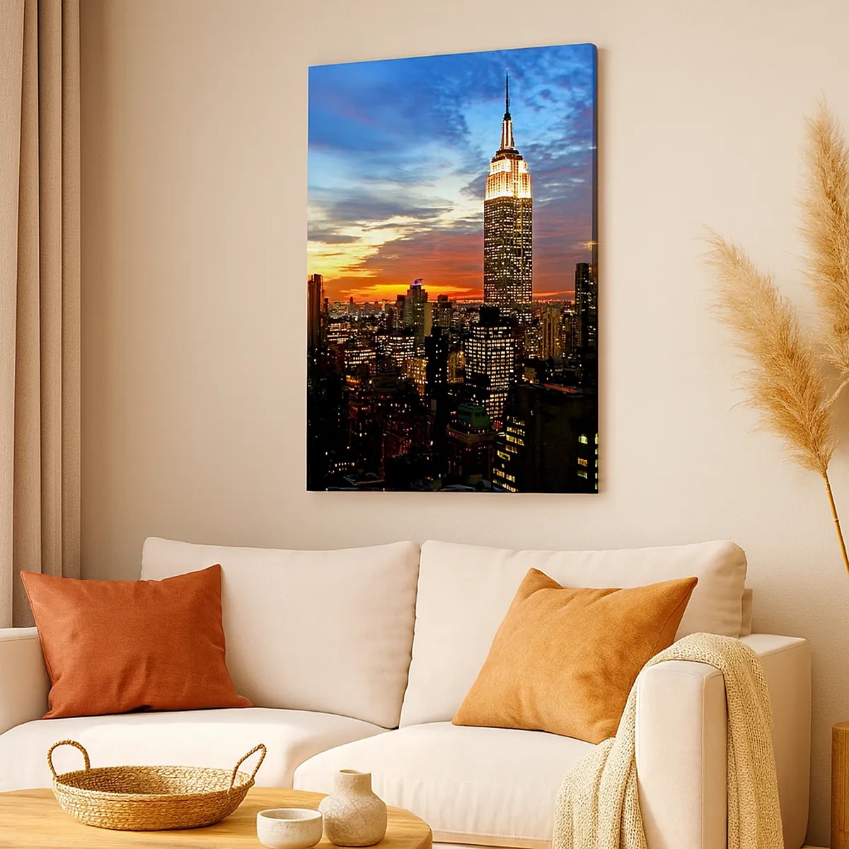 Bild auf Leinwand - Leinwandbild - Stadtpanorama mit beleuchteten Wolkenkratzern in der Abenddämmerung - 50x70cm - Leuchtende amerikanische Nacht - Moderne Wanddekoration für Wohnzimmer und Schlafzimmer ARTTOR