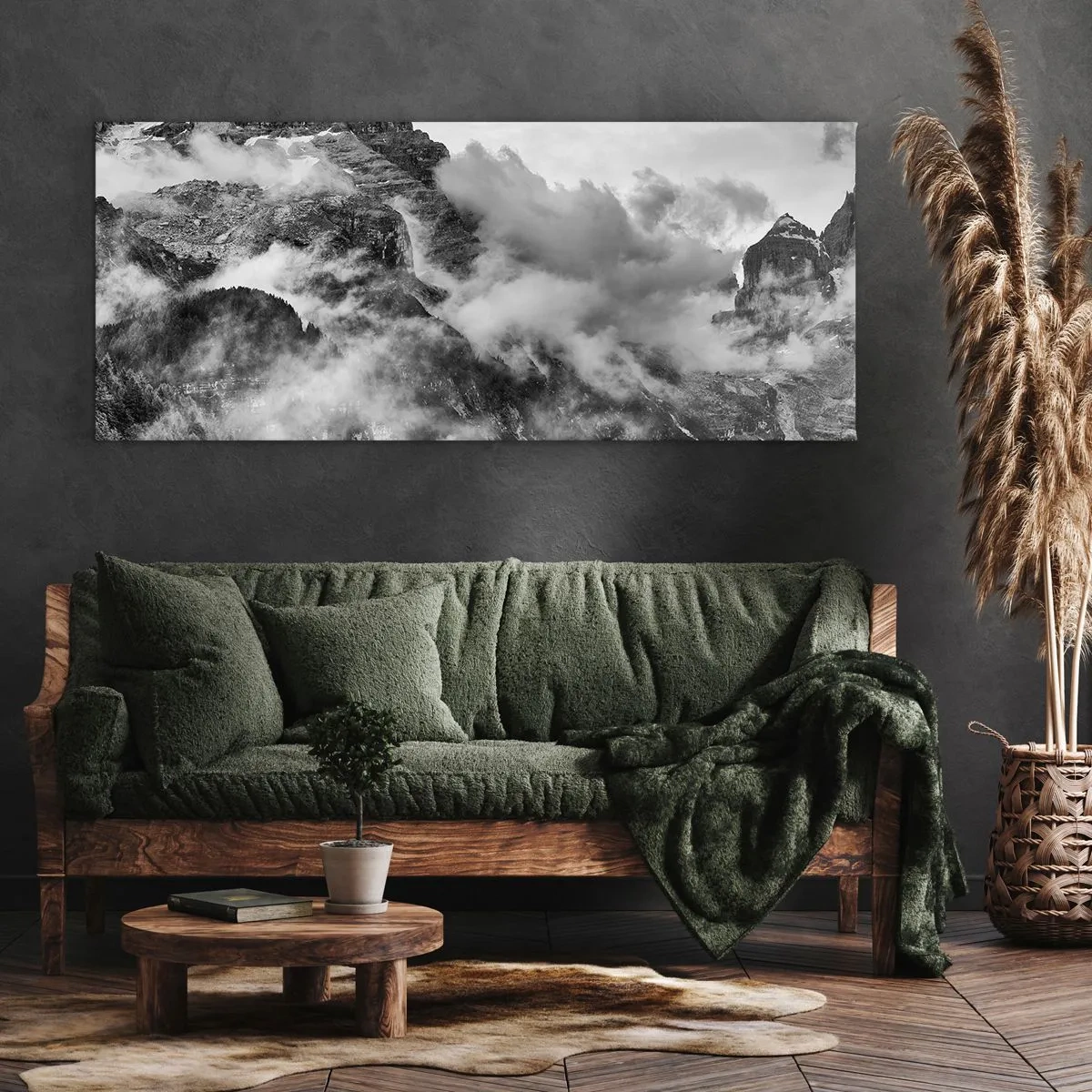 Bild auf Leinwand - Leinwandbild - Schwarz-Weiß-Ansicht der von Wolken umgebenen Berge - 140x50cm - Schön und grausam - Moderne Wanddekoration für Wohnzimmer und Schlafzimmer ARTTOR