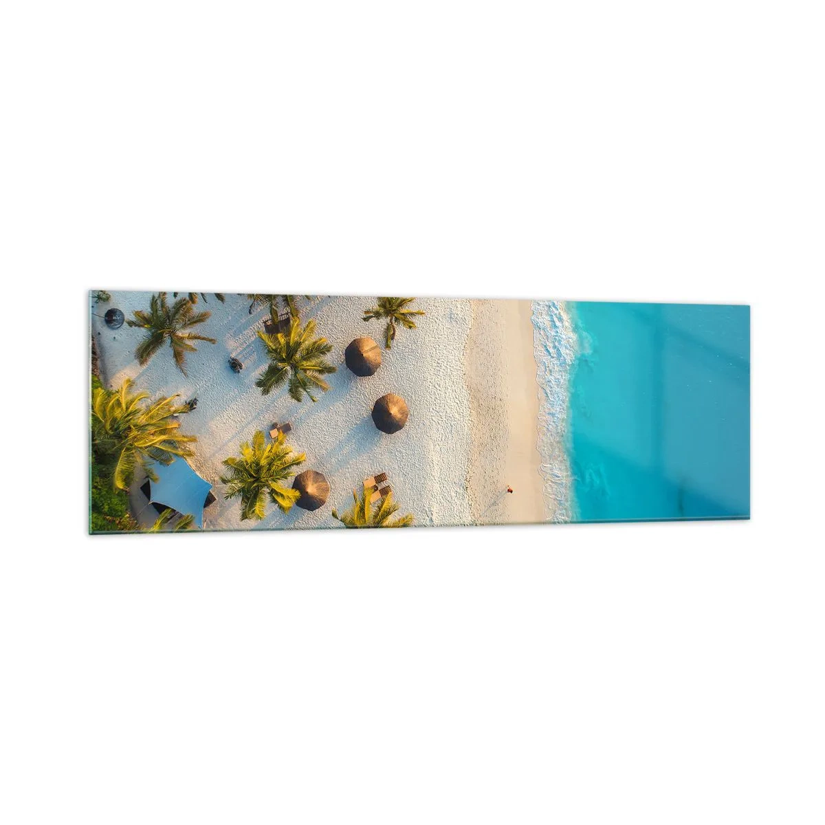 Glasbild - Bild auf glas - Blick auf einen tropischen Strand mit Palmen und türkisfarbenem Meer - 160x50cm - Willkommen im Paradies - Moderne Wanddekoration für Wohnzimmer und Schlafzimmer ARTTOR