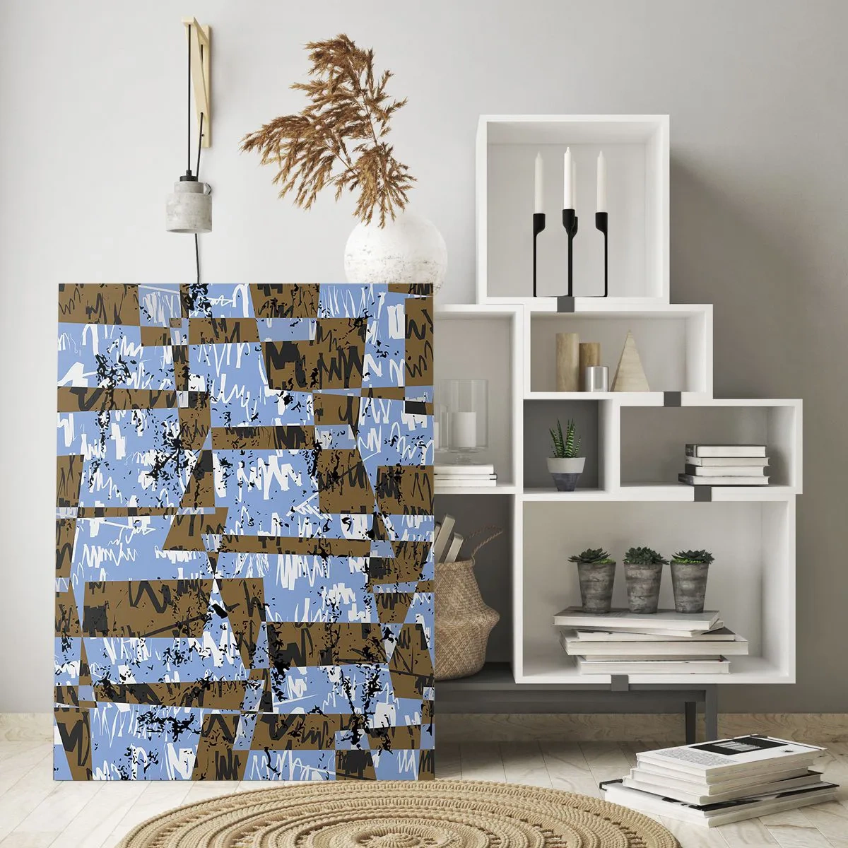 Glasbild - Bild auf glas - Eine abstrakte Komposition aus Rechtecken in Braun- und Blautönen. - 80x120cm - Ein nicht-menschlicher Ausschnitt - Moderne Wanddekoration für Wohnzimmer und Schlafzimmer ARTTOR
