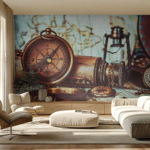 Fototapete Premium Canvas - Ein Retro-Set mit Kompass, Teleskop und Karte im Reisethema - 100x70cm - Ein Piratenabenteuer in der Karibik wartet - Moderne Wanddekoration für Wohnzimmer und Schlafzimmer ARTTOR