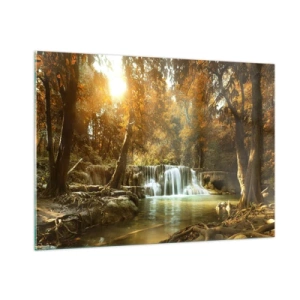 Glasbild - Bild auf glas - Ein Wasserfall in einem Park, umgeben von Bäumen in Herbstfarben - 100x70cm - Parkkaskade - Moderne Wanddekoration für Wohnzimmer und Schlafzimmer ARTTOR
