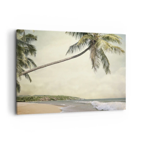 Bild auf Leinwand - Leinwandbild - Ein Strand mit Palmen vor der Kulisse eines ruhigen Meeres - 100x70cm - Tropischer Traum - Moderne Wanddekoration für Wohnzimmer und Schlafzimmer ARTTOR