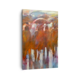 Bild auf Leinwand - Leinwandbild - Eine Menschenmenge mit Regenschirmen in einer regnerischen, künstlerischen Umgebung - 80x120cm - Auch bei Regen und Nebel - Moderne Wanddekoration für Wohnzimmer und Schlafzimmer ARTTOR