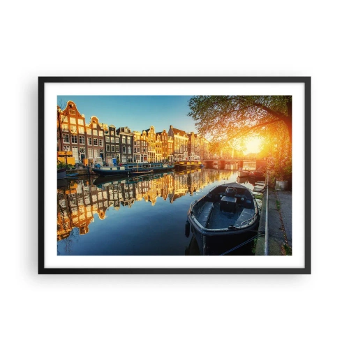 Poster in einem schwarzem Rahmen - Amsterdamer Kanal bei Sonnenuntergang - 70x50cm - Morgen in Amsterdam - Moderne Wanddekoration für Wohnzimmer und Schlafzimmer ARTTOR