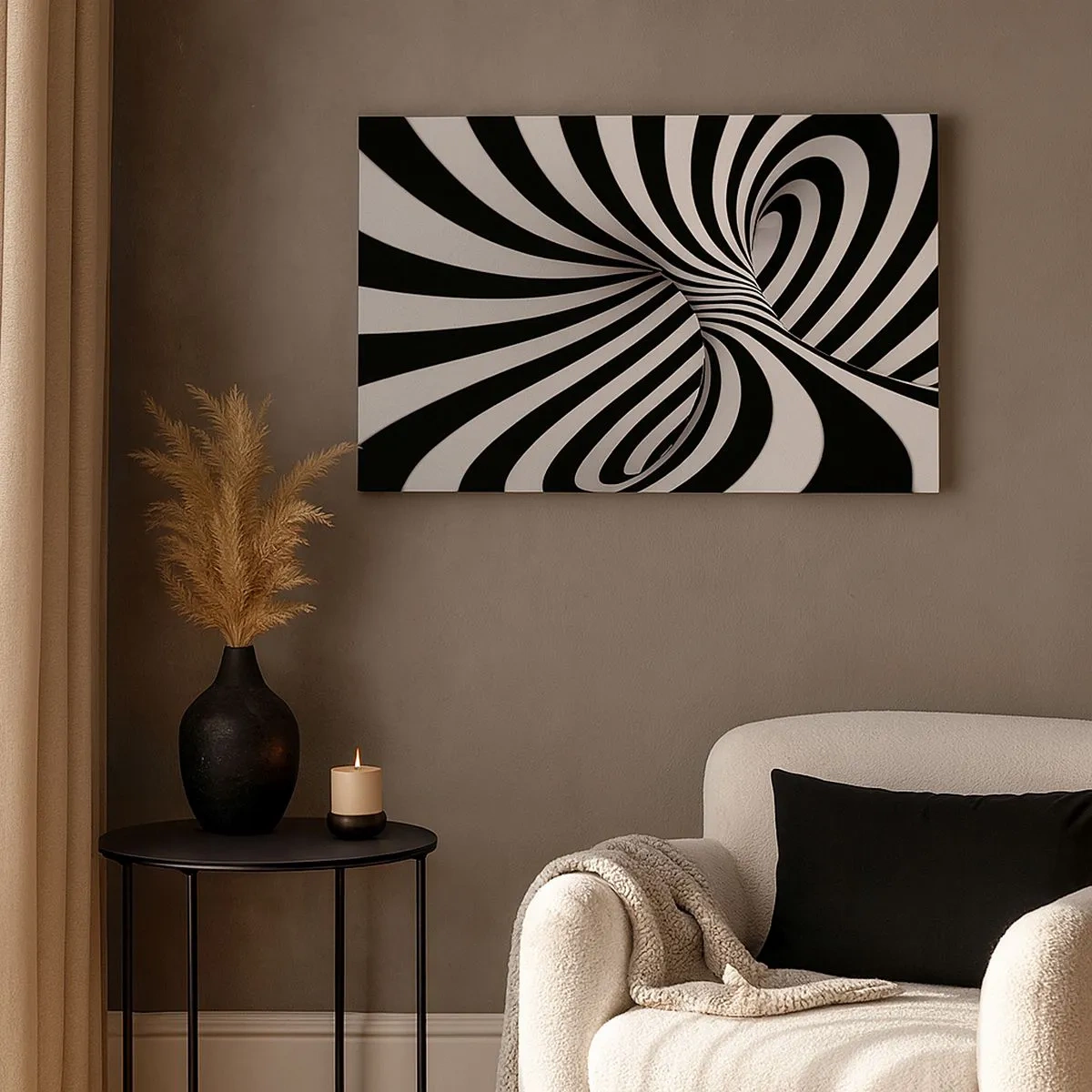 Bild auf Leinwand - Leinwandbild - Abstrakter Tunnel mit schwarz-weißen Spiralstreifen - 70x50cm - Komposition: Tanzraum - Moderne Wanddekoration für Wohnzimmer und Schlafzimmer ARTTOR