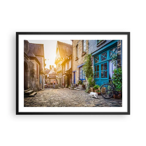 Poster in einem schwarzem Rahmen - Eine charmante Straße mit Steinpflaster im Sonnenlicht - 70x50cm - Der weiße Geist der Stadt - Moderne Wanddekoration für Wohnzimmer und Schlafzimmer ARTTOR