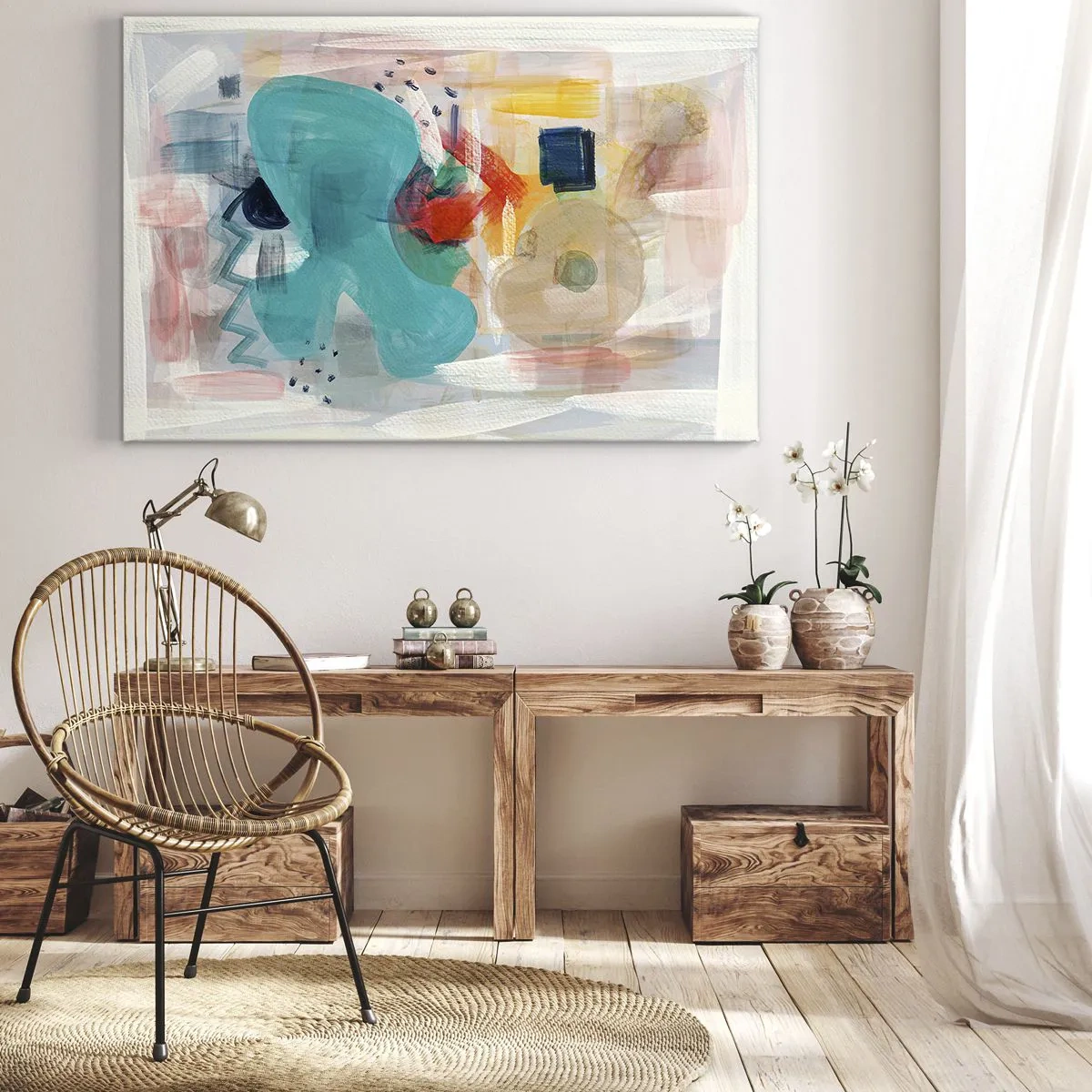 Bild auf Leinwand - Leinwandbild - Abstrakte Formen und Farben schaffen eine dynamische Komposition - 70x50cm - Buntes Spiel - Moderne Wanddekoration für Wohnzimmer und Schlafzimmer ARTTOR