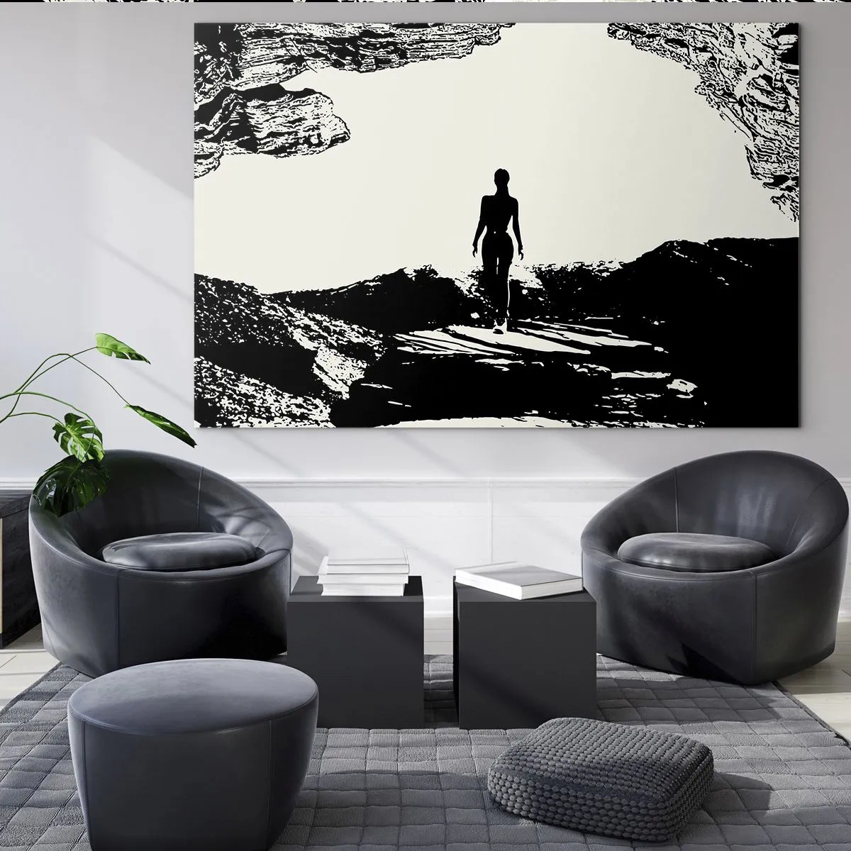 Glasbild - Bild auf glas - Silhouette einer Frau, die aus einer Höhle auftaucht, in Schwarz-Weiß-Grafiken - 120x80cm - Neuer Blick - Moderne Wanddekoration für Wohnzimmer und Schlafzimmer ARTTOR