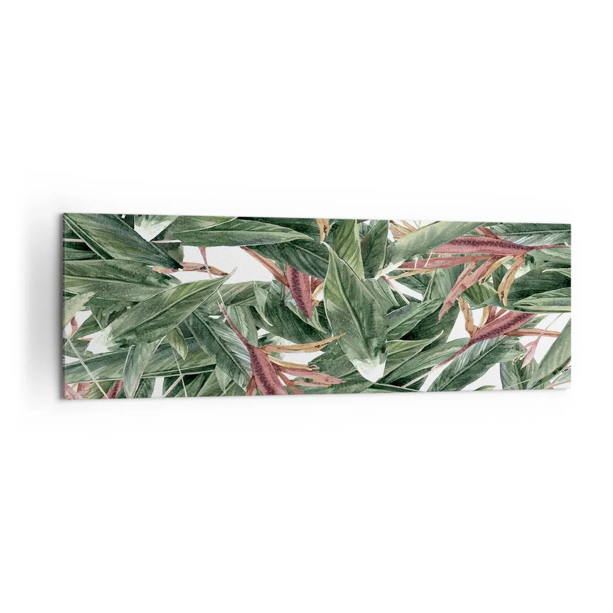 Bild auf Leinwand - Leinwandbild - Ein dekoratives Blattmotiv in Grün- und Burgundertönen auf hellem Hintergrund - 160x50cm - Smaragd-lila Dickicht - Moderne Wanddekoration für Wohnzimmer und Schlafzimmer ARTTOR