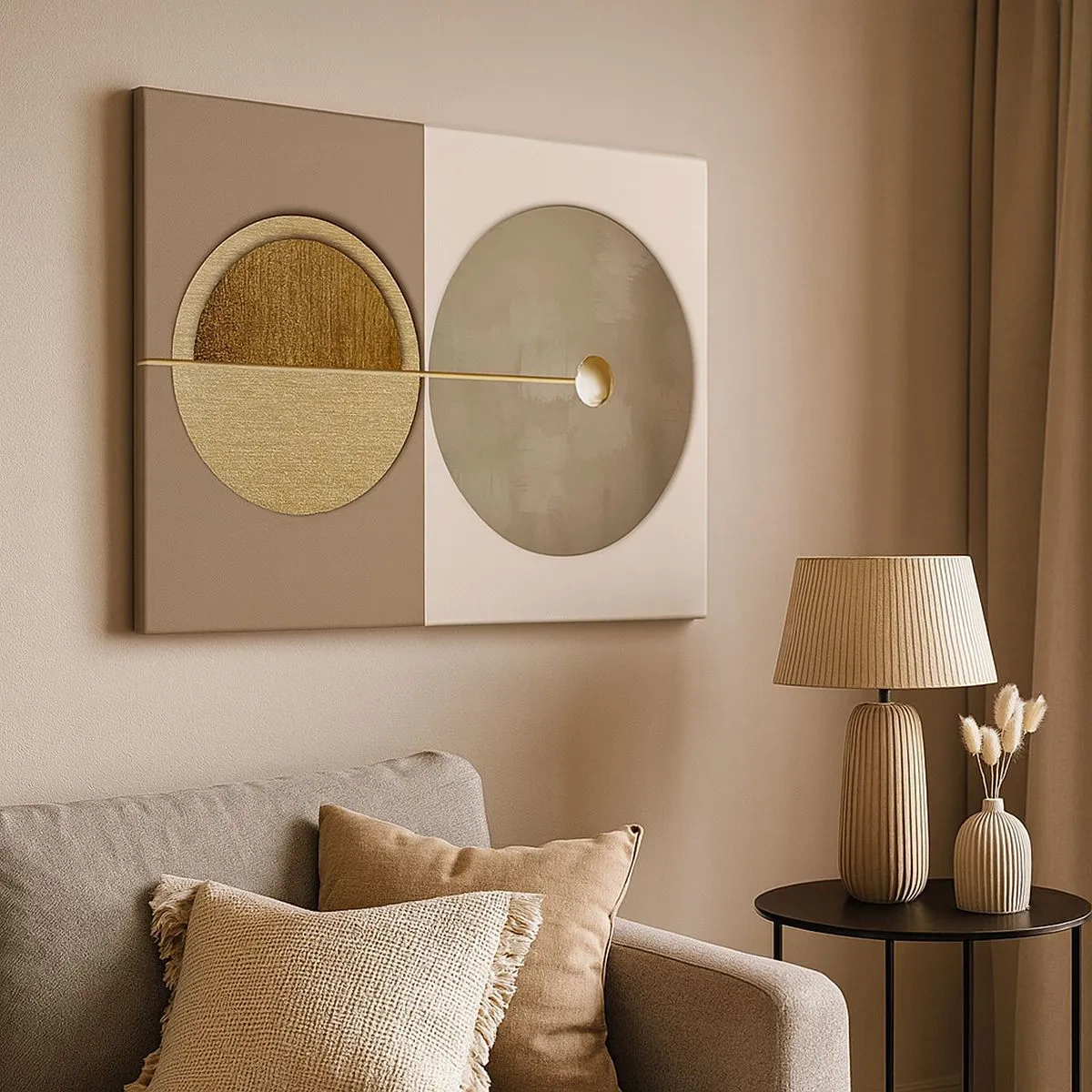 Bild auf Leinwand - Leinwandbild - Abstrakte Kreise in Gold- und Beigetönen - 70x50cm - Perfekte Balance - Moderne Wanddekoration für Wohnzimmer und Schlafzimmer ARTTOR