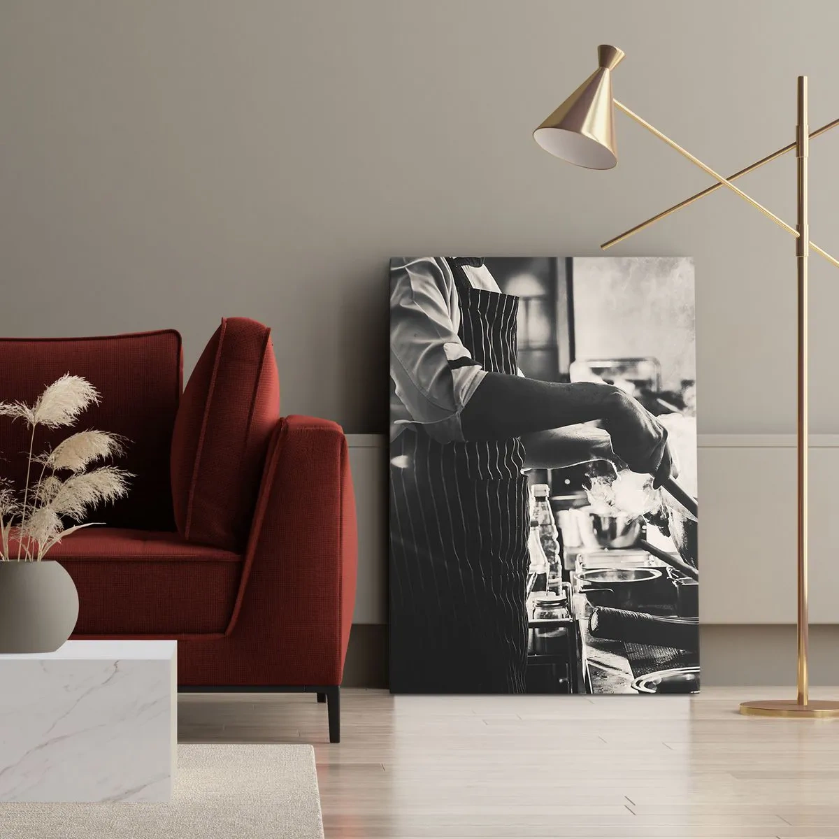 Bild auf Leinwand - Leinwandbild - Ein Koch bei der Arbeit in der Küche, aus einer Bratpfanne steigt Dampf auf - 50x70cm - Alchemie der Aromen - Moderne Wanddekoration für Wohnzimmer und Schlafzimmer ARTTOR
