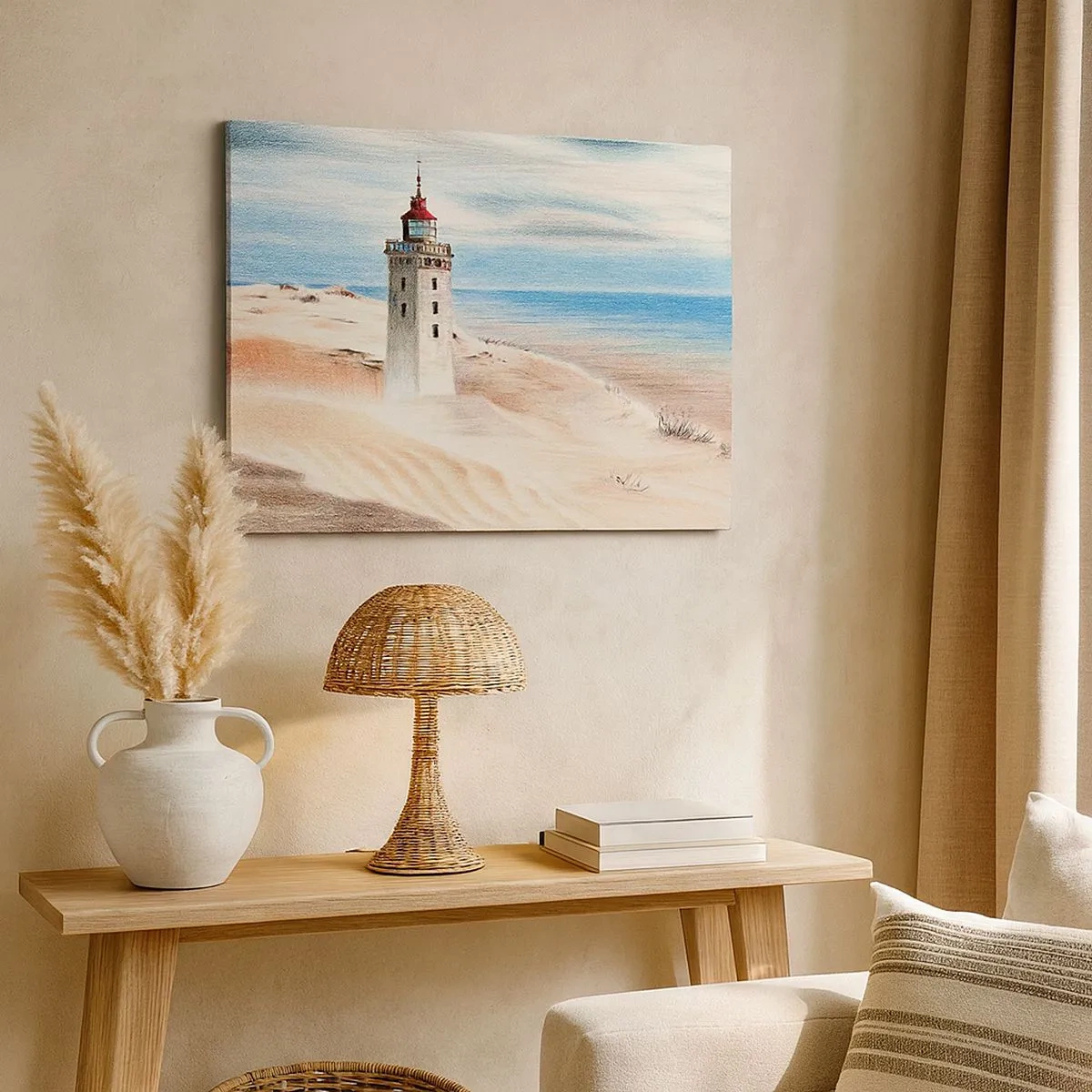 Bild auf Leinwand - Leinwandbild - Ein Leuchtturm, umgeben von Sanddünen und blauem Himmel - 70x50cm - Immer aufs Meer starrend - Moderne Wanddekoration für Wohnzimmer und Schlafzimmer ARTTOR