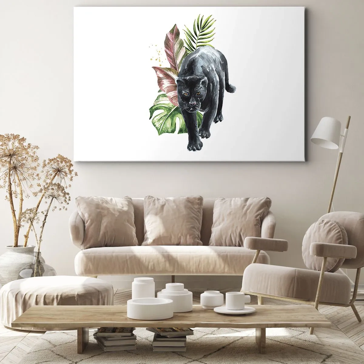 Bild auf Leinwand - Leinwandbild - Schwarzer Panther, umgeben von tropischen Blättern - 70x50cm - Wildheit des Herzens - Moderne Wanddekoration für Wohnzimmer und Schlafzimmer ARTTOR