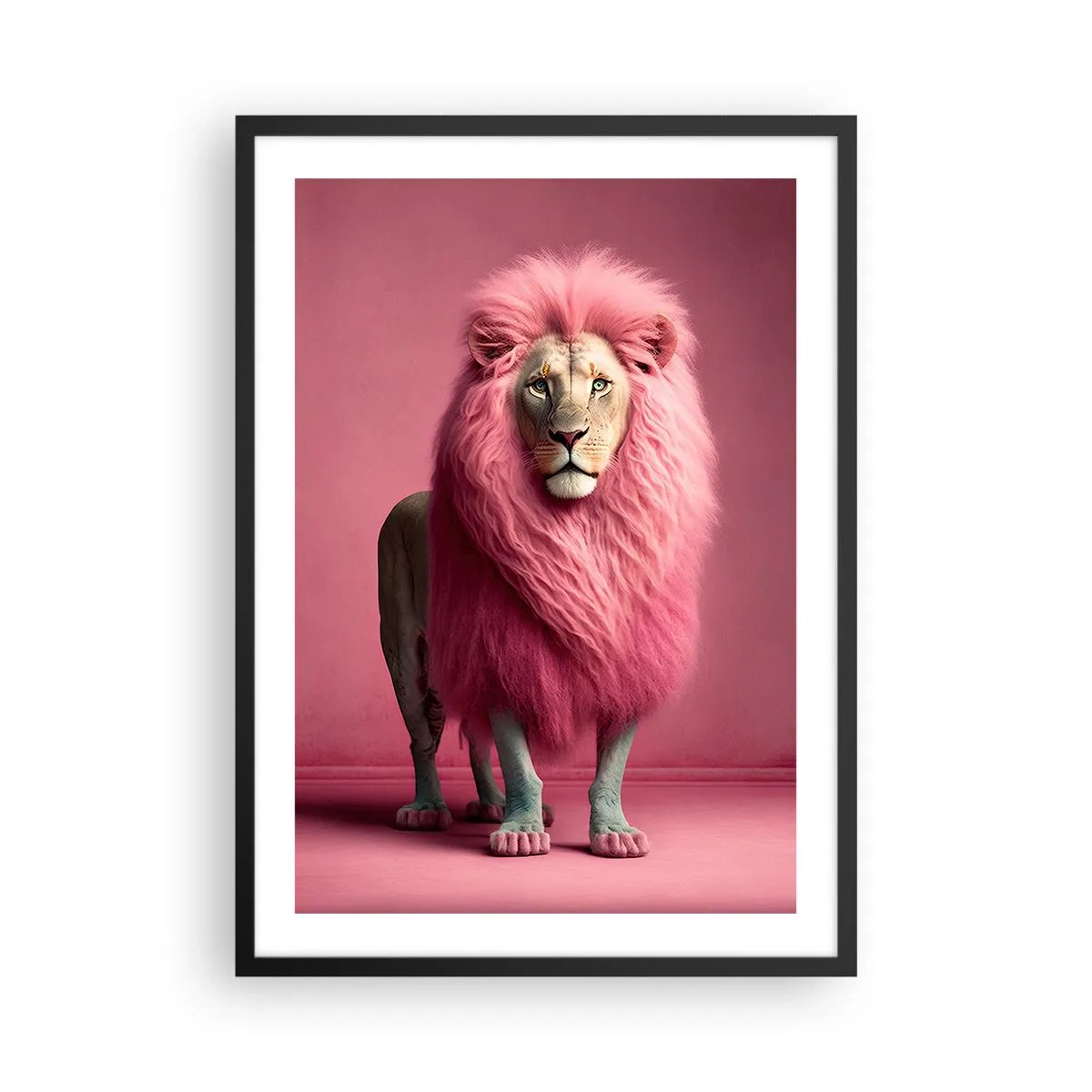 Poster in einem schwarzem Rahmen - Ein Löwe mit rosa Mähne auf rosa Hintergrund - 50x70cm - Und du hast keine Angst mehr - Moderne Wanddekoration für Wohnzimmer und Schlafzimmer ARTTOR