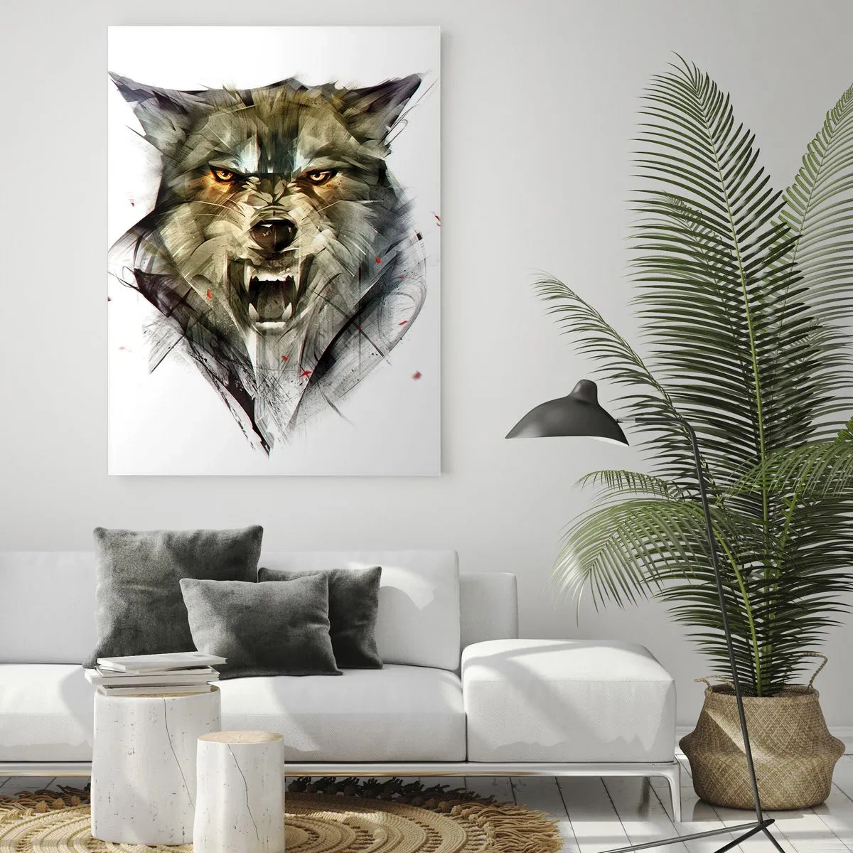 Glasbild - Bild auf glas - Eine Grafik eines bedrohlichen Wolfes mit offenem Maul und intensivem Blick - 50x70cm - Kein Schritt näher! - Moderne Wanddekoration für Wohnzimmer und Schlafzimmer ARTTOR