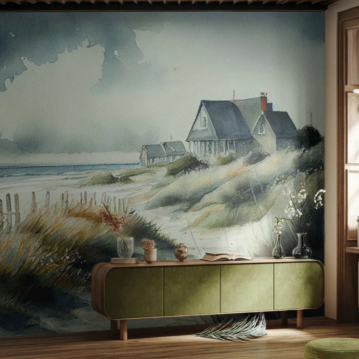 Fototapete Premium Sand - Abseits vom Trubel - Haus, Strand, Meer - 250x175 cm