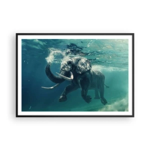 Poster in einem schwarzem Rahmen - Ein Elefant schwimmt unter Wasser in den türkisfarbenen Tiefen - 100x70cm - Jeder schwimmt gerne - Moderne Wanddekoration für Wohnzimmer und Schlafzimmer ARTTOR