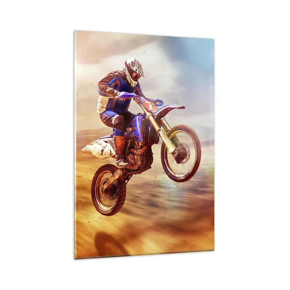 Glasbild - Bild auf glas - Ein Motorradfahrer im Flug während einer dynamischen Offroad-Fahrt - 80x120cm - Motorradschwindel - Moderne Wanddekoration für Wohnzimmer und Schlafzimmer ARTTOR