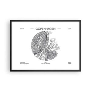 Poster in einem schwarzem Rahmen - Eine Karte von Kopenhagen im minimalistischen Schwarz-Weiß-Stil. - 70x50cm - Anatomie von Kopenhagen - Moderne Wanddekoration für Wohnzimmer und Schlafzimmer ARTTOR