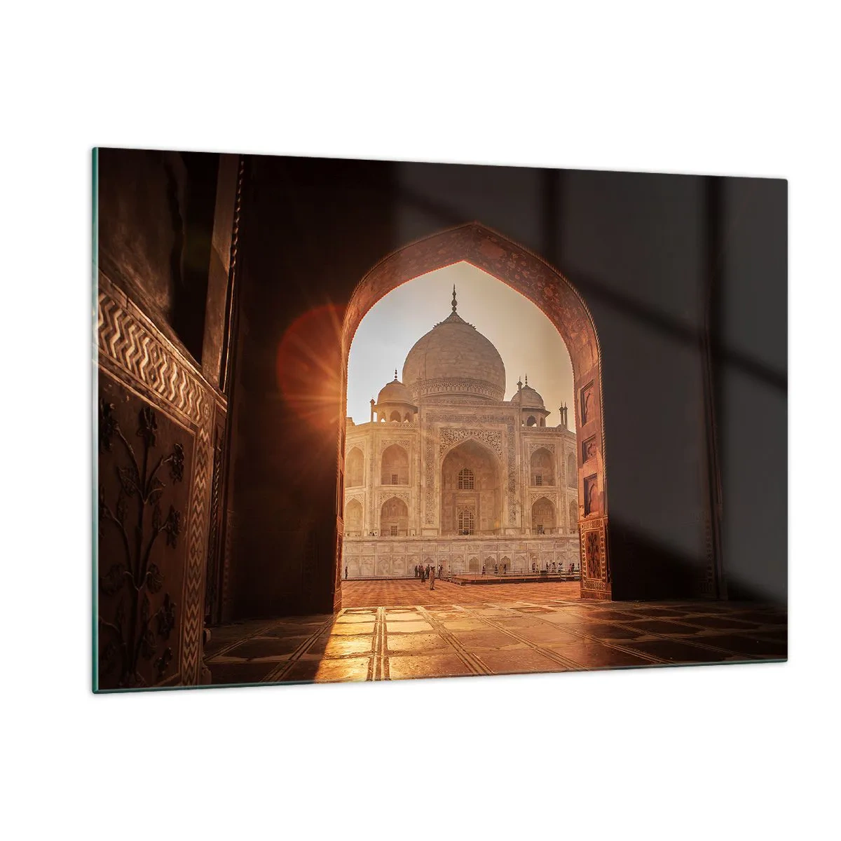 Glasbild - Bild auf glas - Sonnenuntergang über einem monumentalen Gebäude durch einen Bogen gesehen - 120x80cm - Denkmal der überirdischen Liebe - Moderne Wanddekoration für Wohnzimmer und Schlafzimmer ARTTOR