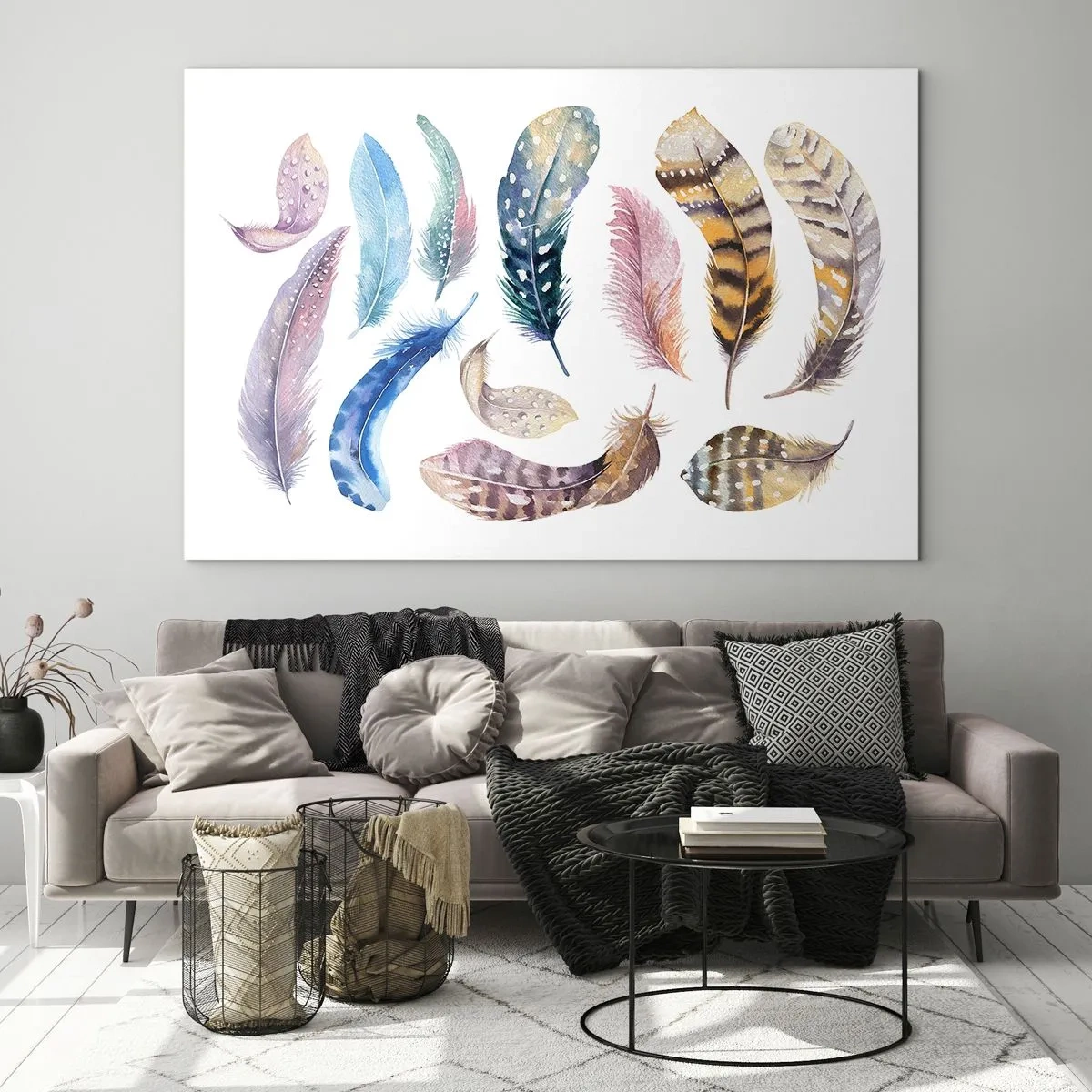 Glasbild - Bild auf glas - Bunte Federn im künstlerischen Stil auf weißem Hintergrund - 70x50cm - Hell, bunt und bunt - Moderne Wanddekoration für Wohnzimmer und Schlafzimmer ARTTOR