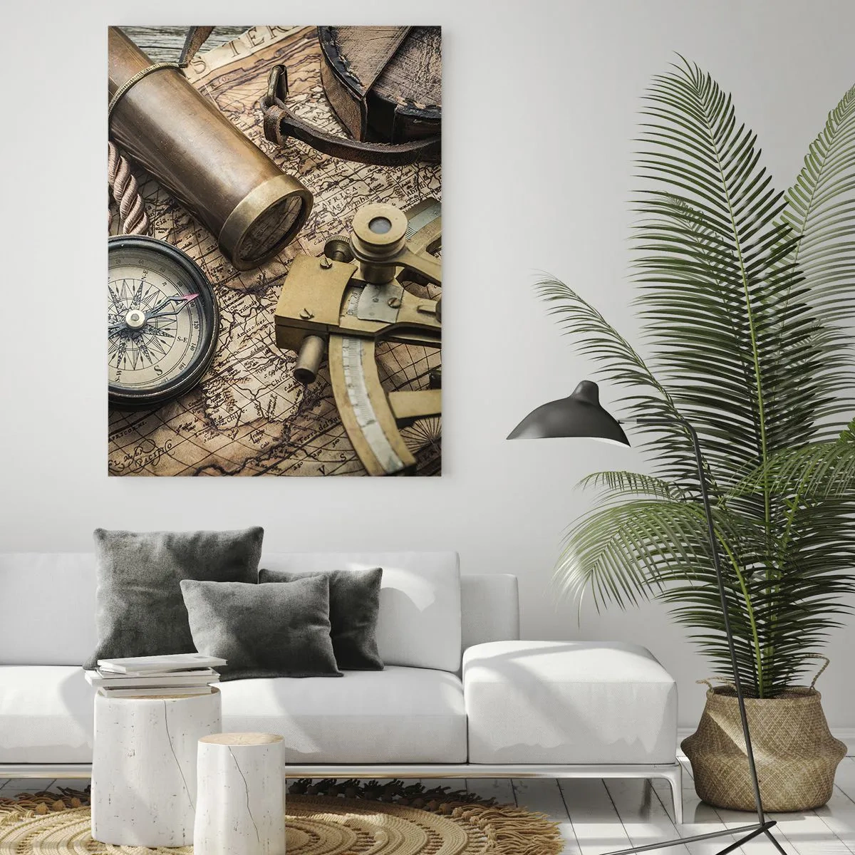 Glasbild - Bild auf glas - Ein Kompass, ein Sextant und ein Teleskop vor dem Hintergrund einer alten Karte und eines Seeseils. - 70x100cm - Setze Sie einen Kurs - Moderne Wanddekoration für Wohnzimmer und Schlafzimmer ARTTOR